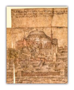 A view of HagiaSophia from Melchior Lorich's drawing in 1559.. you can see wooden minaret which had been erected by Mehmed II in this photo