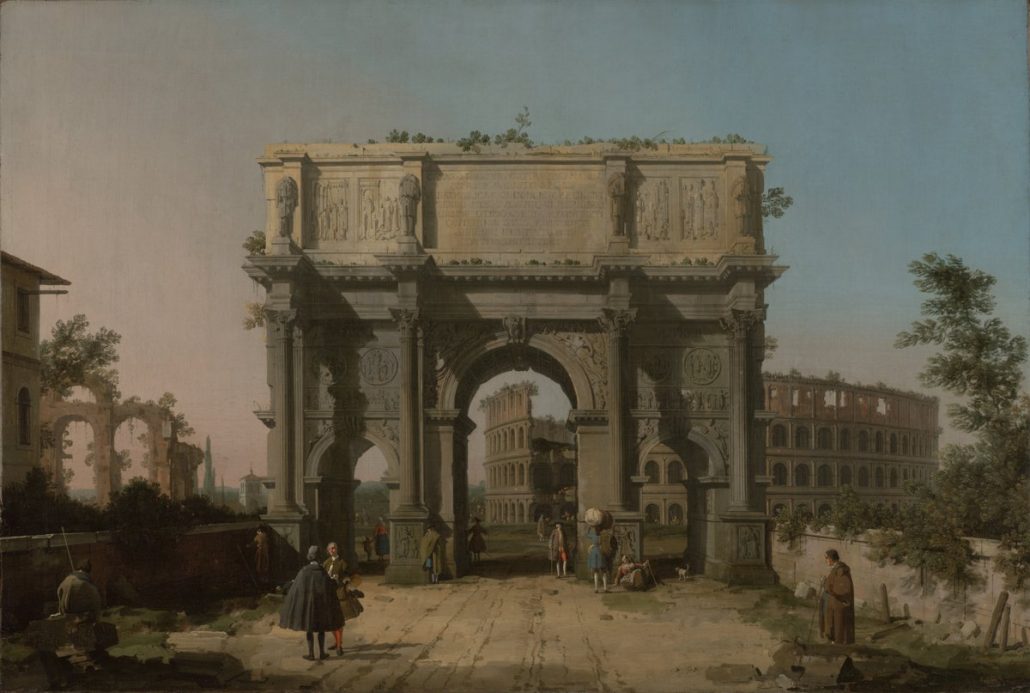 View of the Arch of Constantine with the Colosseum by Canaletto (1742-1745). The Arch of Constantine was built in Rome around 315 to celebrate Constantine’s victory over Maxentius at the Milvian Bridge in 312.