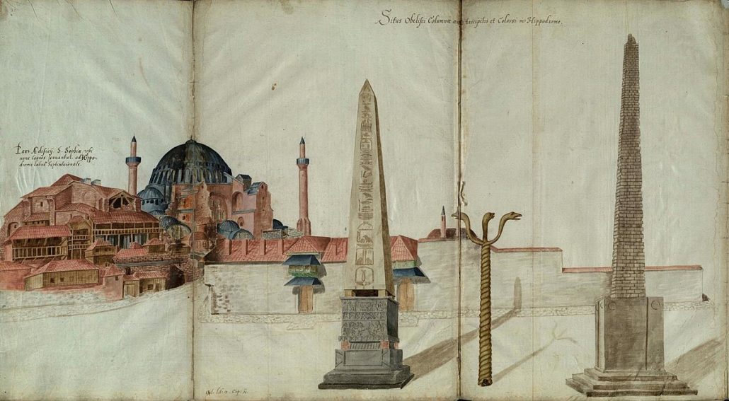 Freshfield Album fol 20 - General view of St Sofia, adjacent buildings, Obelisk of Theodosius, Serpent Column, Walled Obelisk