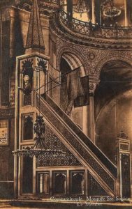 When Hagia Sophia was mosque at the end of the 19th century and its minbar with Islamic flags