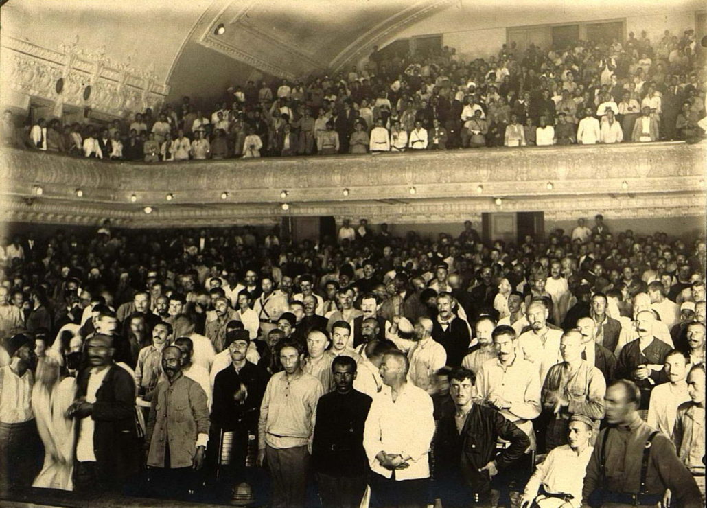 The Congress of the Peoples of the East.  Singing 'The International'. Baku [Azerbaijan], (Autumn 1920). Baku Congress of the Peoples of the East: