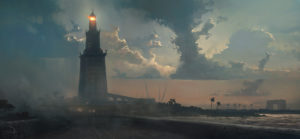 An artist's impression of the Lighthouse of Alexandria, one of the Seven Wonders of the Ancient World. (From the computer game Assassin's Creed Origins)