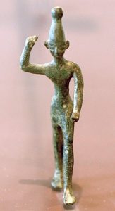 Bronze figurine of a Baal, 14th x 12th century BCE, found at Ras Shamra (ancient Ugarit) near the Phoenician coast. Musée du Louvre.