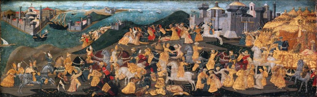 Cassone featuring the conquest of Trebizond. Attributed to Apollonio di Giovanni di Tomaso. The last remnant of the Roman Empire was extinguished on August 15 1461 when Emperor David Komnenos surrendered Trebizond to the Ottoman Empire - some eight years after the fall of Constantinople