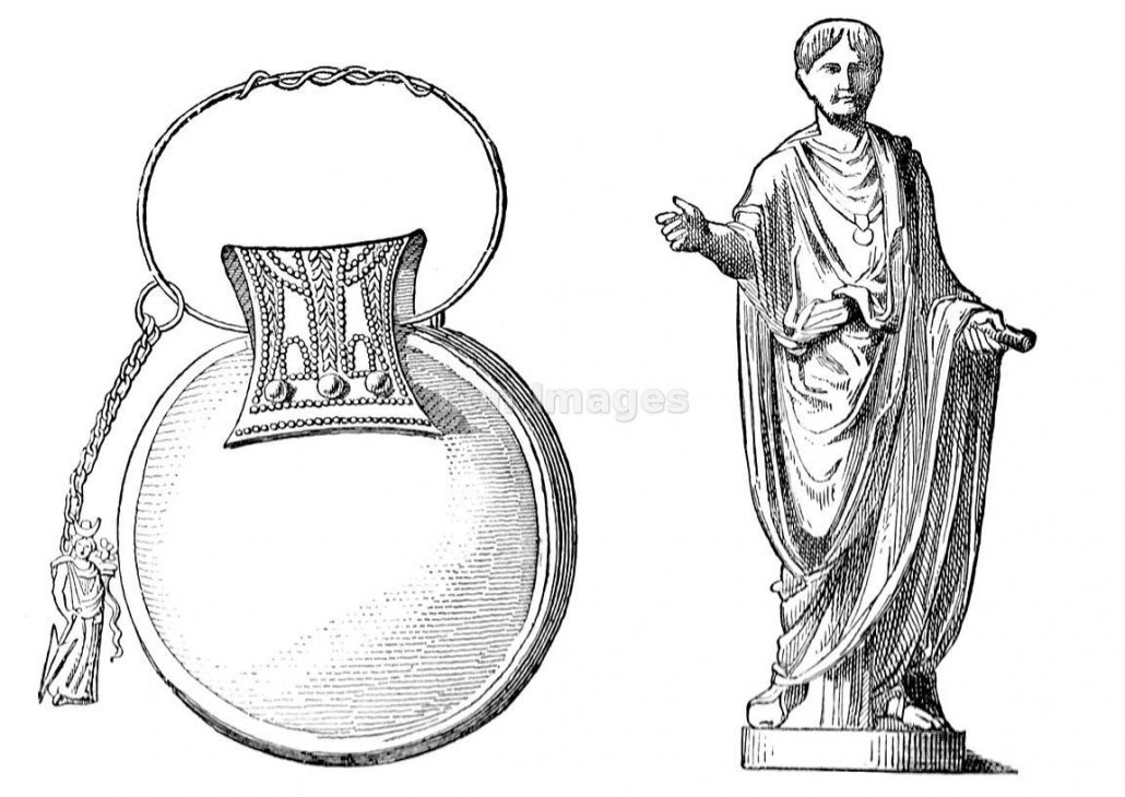 Illustration of a bulla,  and an illustration after a statue at the Louvre of a young Roman wearing the bulla. Note: a bulla, a chain attached to a pouch containing amulets, was worn by Roman boys. Roman children were given protective amulets to protect them against bad spirits & evil forces - a round bulla for boys, a crescent lunula for girls - which were worn until they reached adulthood, having been kept alive by the magical charms.