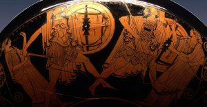 Attic red figure kylix, ca 490 BC. Menelaus pursues Paris