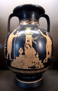 Orestes, Electra and Hermes at the tomb of Agamemnon. Side A of a lucanian red-figure pelike, ca. 380–370 BC.