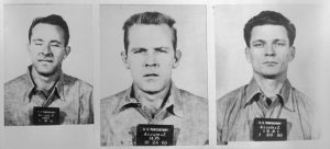 Mug shots of three prisoners that made a rare escape from Alcatraz Island. From left to right: Clarence Anglin, John William Anglin, and Frank Lee.