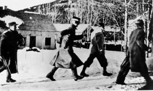 Cars around Norwegian town of Elverum- where royal family & cabinet are sheltering- honking horns in warning: enemy aircraft coming. Royals & ministers flee into woods.