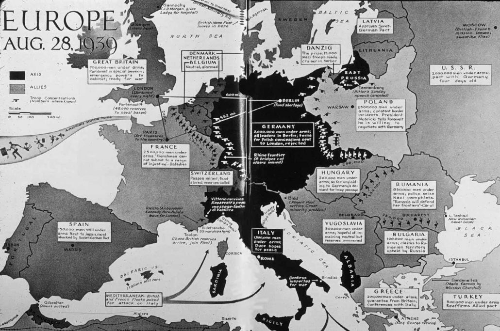 Map of Europe on brink of war. Germans have invaded Poland from west, south (Slovakia), & north (East Prussia) & taken free city of Danzig