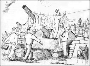 From UK magazine Punch, cartoon titled "Life in the British Expeditionary Force"- bored soldiers hang out their washing (on the Germans' Siegfried line).