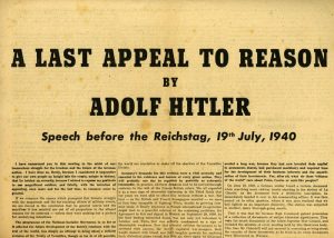 For the first time since the fall of France, Luftwaffe are air-dropping German propaganda on Britain: translations of Hitler's "last appeal to reason", offering peace deal.