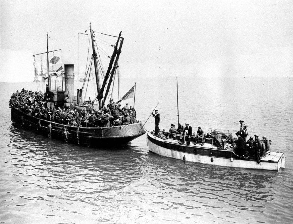 850 civilian boats have been volunteered or requisitioned to help rescue the Allied troops from Dunkirk, most ferrying soldiers from beach to the warships who take them across the Channel