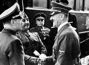 Spanish dictator Francisco Franco now meeting Hitler at town of Hendaye; the Führer wants Spain to join the Axis alliance & help attack Britain. Hitler's offering Gibraltar (once Britain is defeated) to Spain in exchange for entry into the war; Franco wants French Morocco & Cameroon, claims he needs weapons & fuel from Germany.