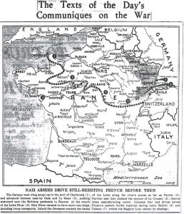 Nazi Armies drive still resisting French before them France map.  Despite brave, hopeless resistance by isolated pockets of French troops, German advance is sweeping almost unopposed across northern France: Luftwaffe control skies, panzers encircle fortresses.