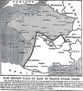 Nazi shadow falls on hakf ob France Under Terms map 1940. Terms of armistice revealed to French: Germans will occupy three fifths of the country including all Atlantic & Channel ports (see map), French population are banned from owning radios or telephones without license; 7PM nightly curfew.