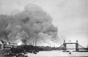 London's warehoused food stocks are burning: "There are pepper fires, loading the air with stinging particles; rum fires, barrels exploding like bombs. Burning paint, rum, & oil are flooding from bombed warehouses onto the surface of the Thames; the river itself is on fire