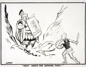 British cartoonist David Low shows Mussolini's invasion of Greece faced with resistance: "Help! Here's one showing fight!"
