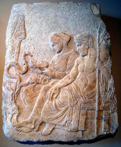 Marble relief of Asclepius and his daughter Hygieia. From Therme, Greece, end of the 5th century BC. Istanbul Archaeological Museums.