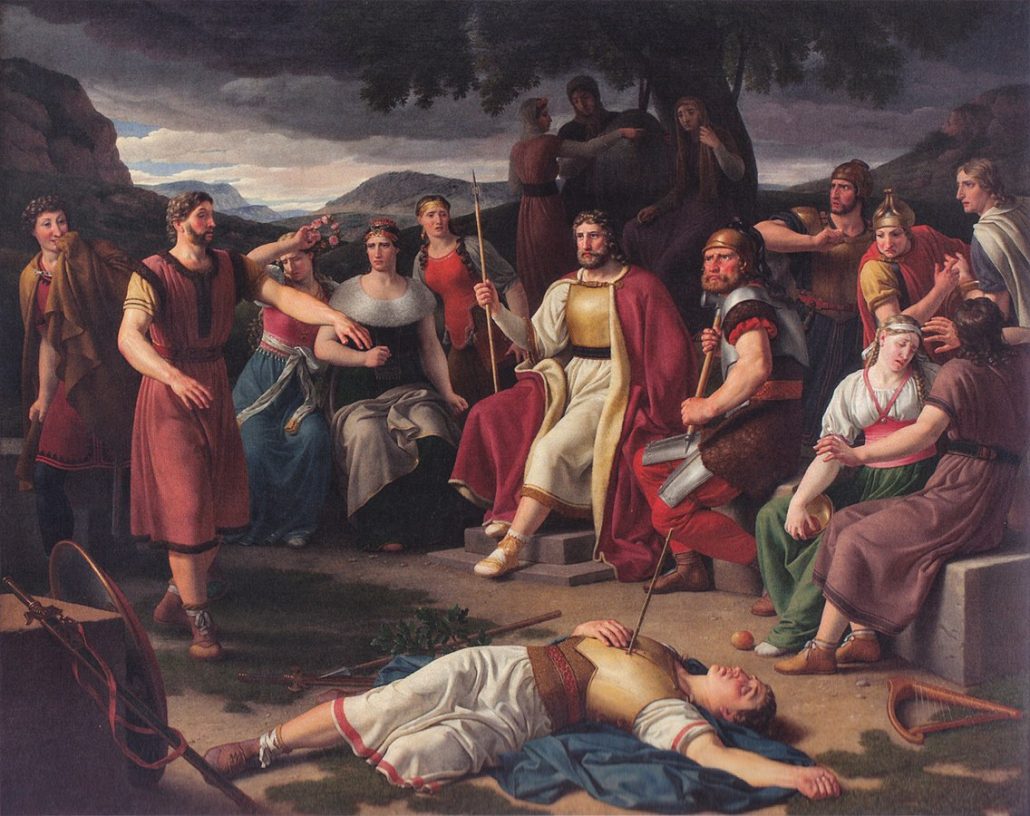 Baldr is lying in the foreground. He has just been hit by Höd’s missile. Höd, Baldr’s blind brother, is standing on the left, stretching his arms out. On the very left, Loki tries to conceal his smile. Odin is sitting in the middle of the Æsir. Thor is on his left. Yggdrasil and the three Norns can be seen in the background.