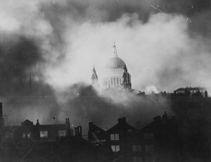 A "Second Great Fire of London" is sweeping through the historic city centre, started by German incendiaries. Only St. Paul's Cathedral stands miraculously untouched by the bombing. Londoner Vere Hodgson: "Great red glow fills the sky- I could read by it. Police say the City is on fire, & the Fire Brigade are trying to save St. Paul's