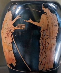 Polynices giving Eriphyle the necklace of Harmonia. Attic red-figure oinochoe, ca. 450–440 BC. Found in Italy (Musée du Louvre)