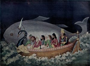 Matsya pulls a boat carrying Manu and Saptarishi during Pralaya