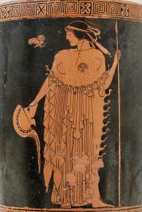 Athena holding a helmet and a spear, with an owl. Attic red-figure lekythos.