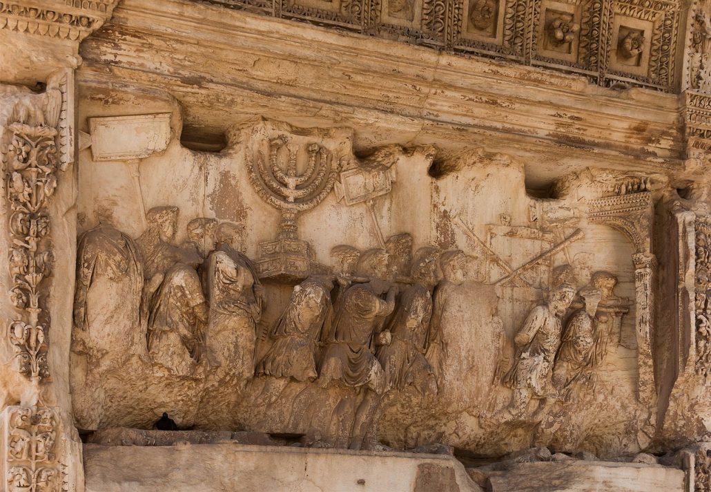 The Coliseum was built by Jewish Slaves. Arch of Titus in the Ancient Roman Forum details Titus removing the Golden Menorah from the Temple of Solomon and leading a group of conquered Judeans in a triumphal parade