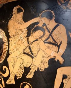 Clytemnestra tries to awake the sleeping Erinyes; Orestes, here unseen, is being purified by Apollo on the right. Detail of the side A from an Apulian red-figure bell-krater, 380–370 BC. Louvre Museum, Paris