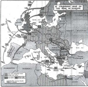 New York Times shows "A Strategic Map of the War in Europe" with potential German invasions of Greece & Turkey predicted. Roosevelt's top aide, Harry Hopkins, is in UK, promising Churchill the President "will supply Britain with weapons & will not shrink from war."