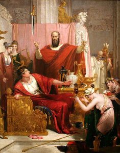 The Sword of Damocles, Richard Westall, 1812. Damocles was a member of the court of Dionysius. He was a toady, flatterer, kiss-ass sycophant who sought personal gain through praise of Dionysius for his power, his wealth and his opulent feasts. Eventually Dionysius decided to show Damocles what it was like to have this power.