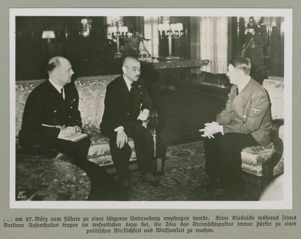 Hitler now meeting Japan's ambassador to Berlin, Yōsuke Matusoka; promises, without prompting, that if Japan & USA go to war, Germany "will instantly take part".