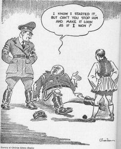 In 12 hours, Germans have advanced further into Greece than Italians have managed in 5 months; British cartoonists mock Mussolini. Mussolini: I know I startes it. But I can't you stop him and make it look as if I won?