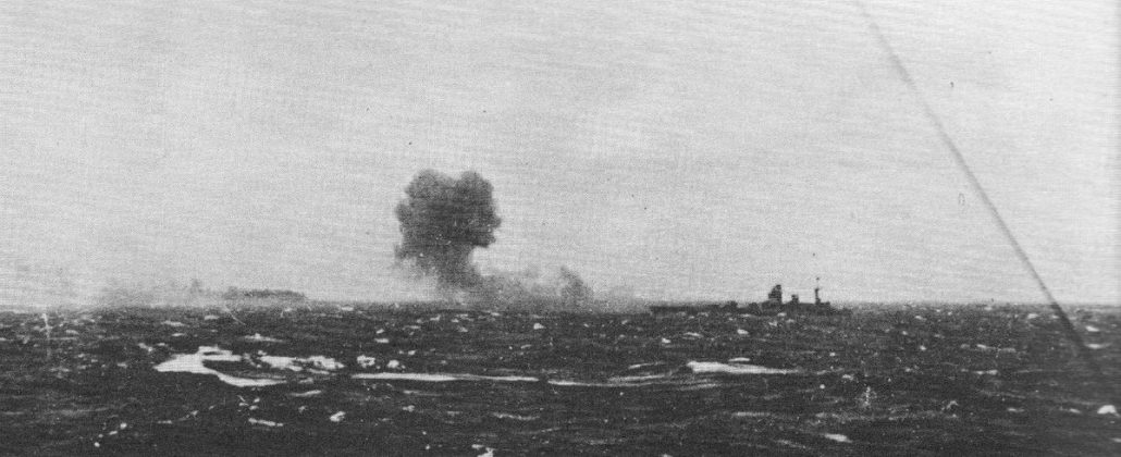 Bismarck is being wracked by British broadsides. Bismarck's erratic course makes both fleeing & fighting back impossible. A shell has hit Bismarck's forward control- post Captain & most senior German officers killed. No-one is alive to order surrender as the battleship is smashed to bits by British guns at close range