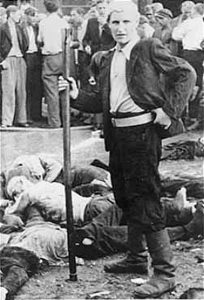 A German soldier in Kaunas watches a Lithuanian, the death dealer, murder 50 Jews the next man stepped forward silently & was beaten to death with the wooden club... each blow accompanied by enthusiastic shouts from the audience.