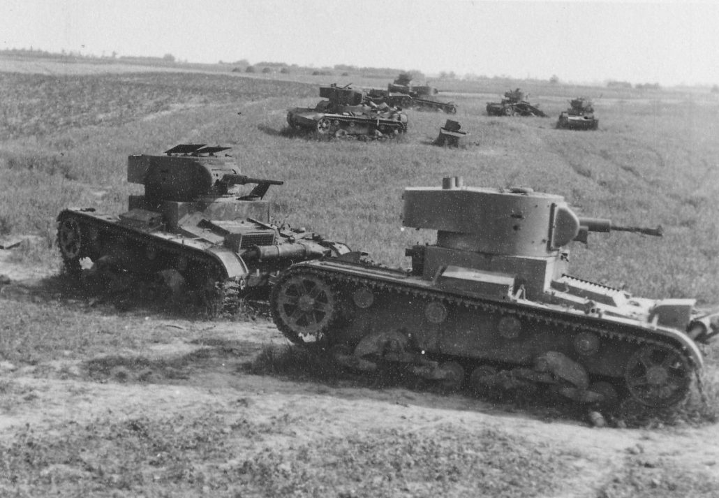 German soldiers horrified to find their anti-tank weapons bounce off thick armour of Soviet T-34 & KV tanks; they must rely on dangerous close-range assault, or call in artillery & Luftwaffe strikes.