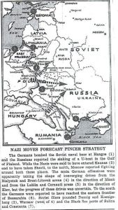 Nazi moves forecast pincer strategy. Germans continuing breakneck charge deep into USSR- New York Times map shows invaders' route- but underestimates their speed