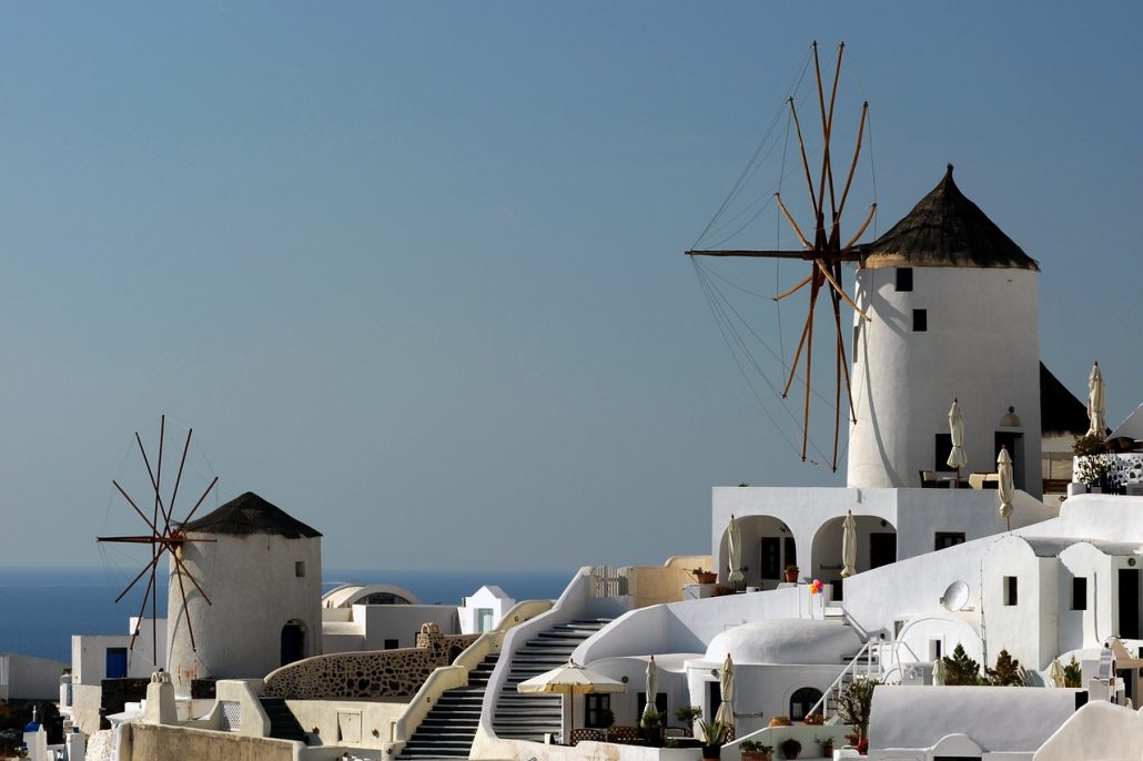 Windmills on Santorini island, Greece