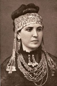 Sophia Schliemann, wife of Heinrich Schliemann, wearing treasures discovered at Hisarlik