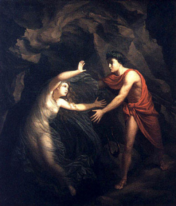 To find his wife Eurydike the singer Orpheus journeyed through the Underworld in search for her. Hades agreed to give her back, but Orpheus was not allowed to look at her, till they reached the upper world. As he heard her footsteps he turned and she vanished