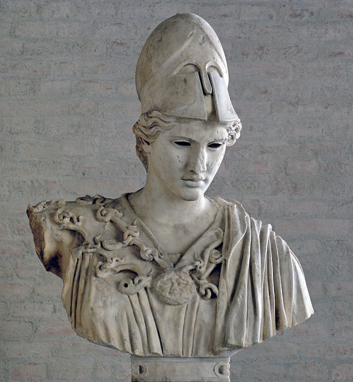 Bust of Athena, type of the “Velletri Pallas” (inlaid eyes are lost). Copy of the 2nd century CE after a votive statue of Kresilas in Athens (ca. 430–420 BC)