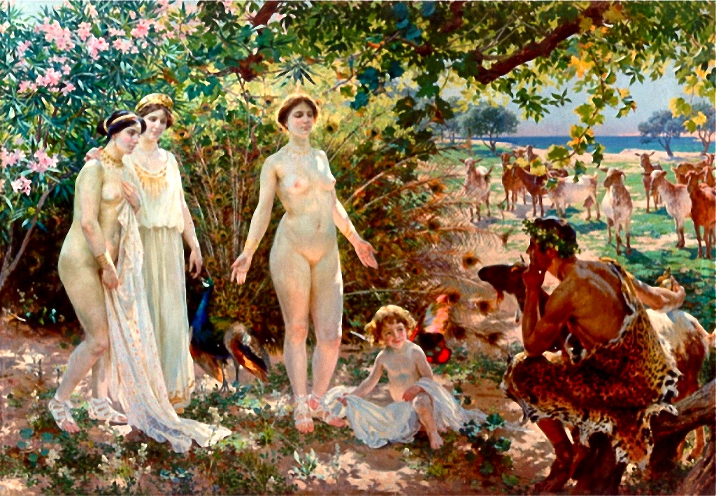 The painting shows the Judgment of Paris, an event in Greek mythology. Figures, from left to right: The goddesses Athena, Hera and Aphrodite, then Aphrodite's son, Eros, and Paris.