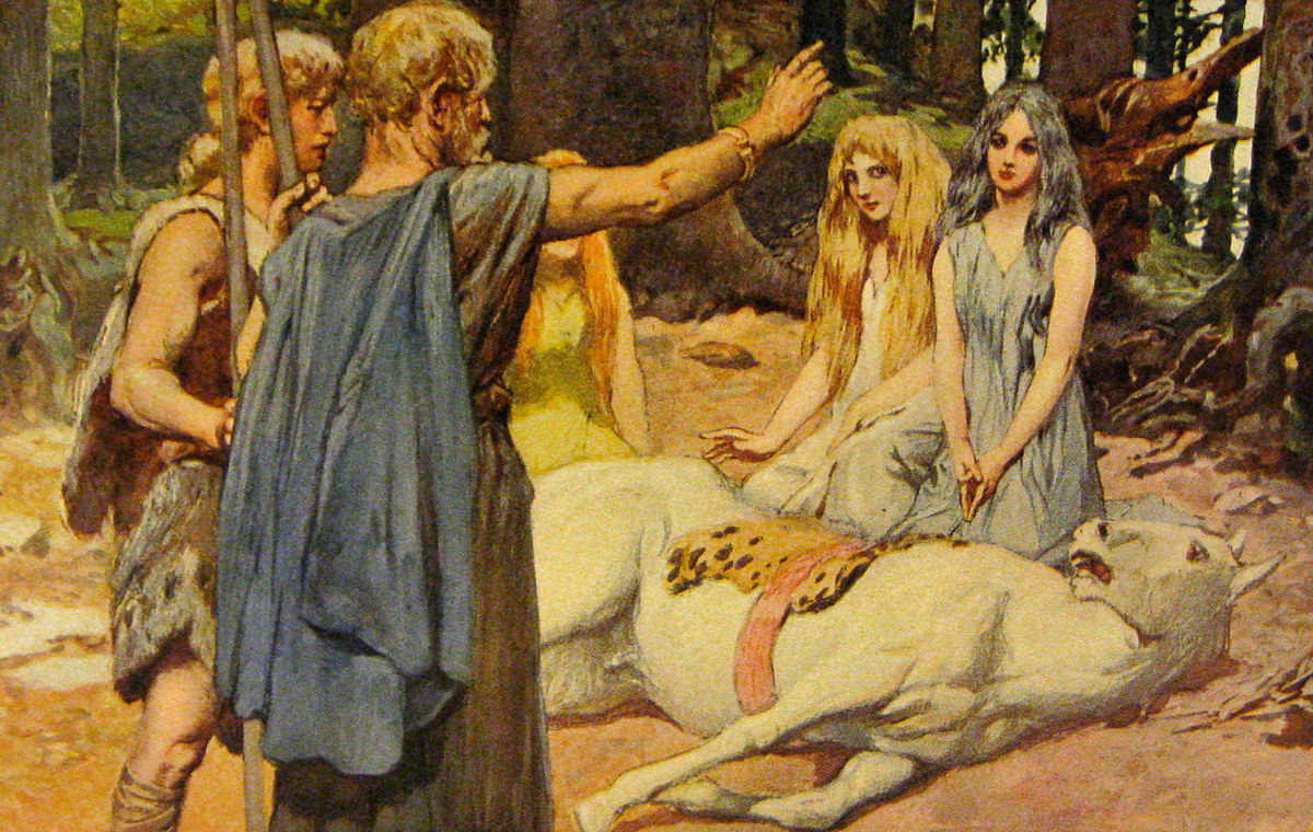 A depiction of the "horse charm" Merseburg Incantation. Wodan heals Balder's wounded horse while three goddesses sit (the incantation names Sinthgunt sister of Sunna, and Frija sister of Wolla) while Balder watches