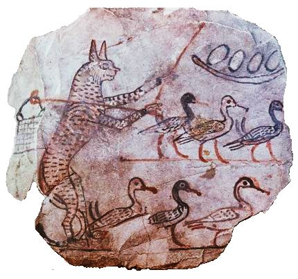 Anthropomorphic cat guarding geese, Egypt, ca. 1120 BCE