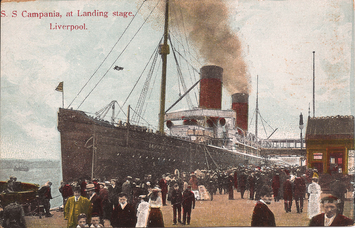 Postcard of the SS Campania, at Landing stage. Liverpool 1920's Cunard Line