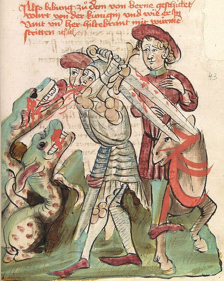 Dietrich von Bern and Hildebrand fight against dragons. UBH Cod.Pal.germ. 324 Virginal, fol. 43r. Diebolt Lauber, Hagenau 1444-1448