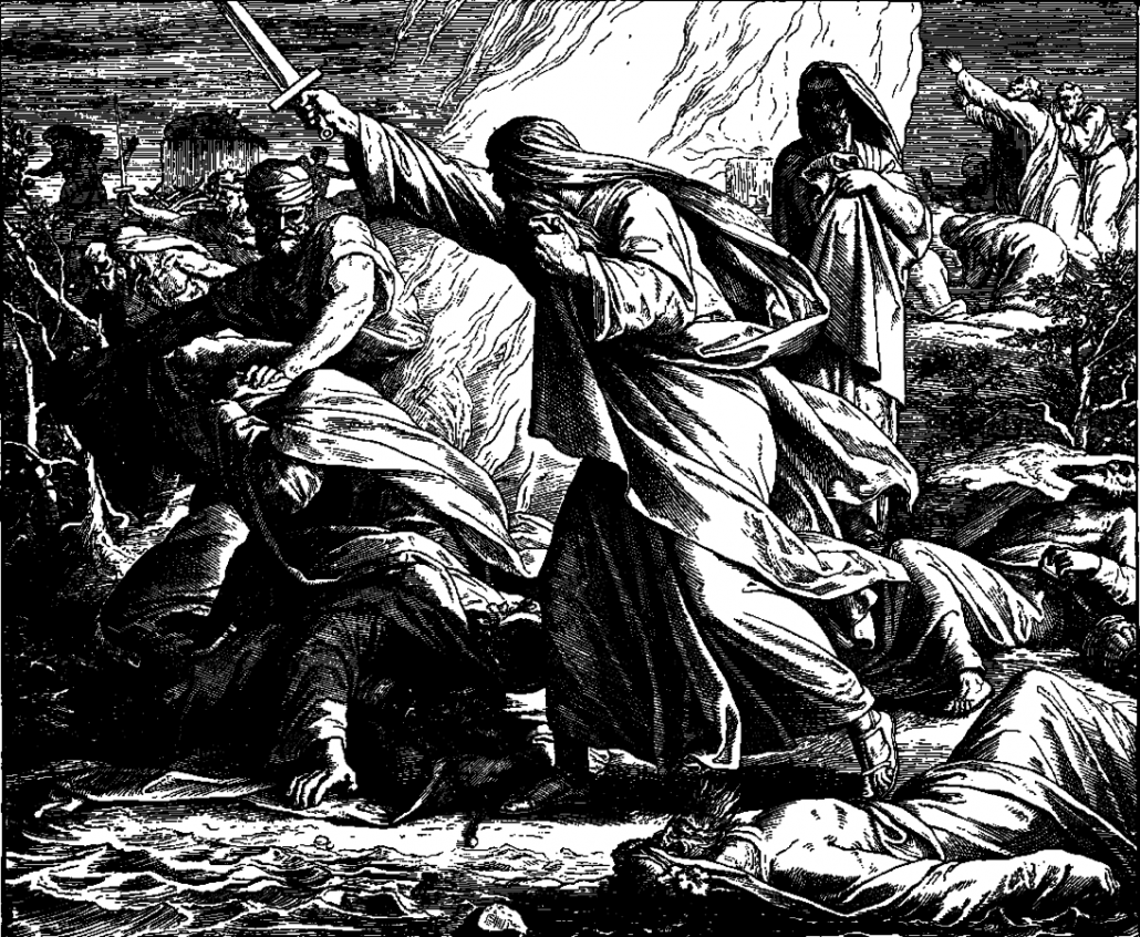 Woodcut for "Die Bibel in Bildern", 1860. Elijah kills the Ba'al priests.