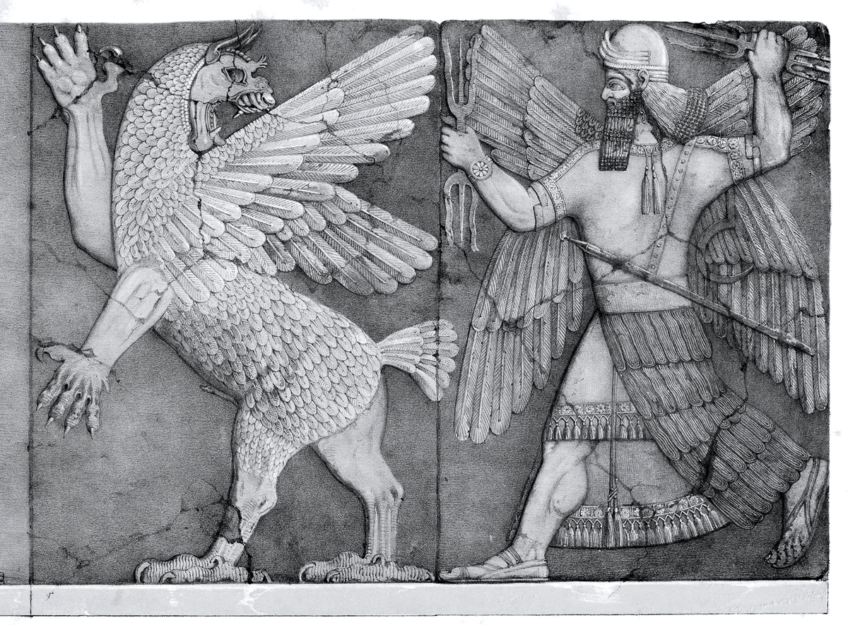 Black and white crop of full engraving plate scan - from Plate 5 of the work "A second series of the monuments of Nineveh: including bas-reliefs from the Palace of Sennacherib and bronzes from the ruins of Nimroud ; from drawings made on the spot, during a second expedition to Assyria" (WH Layard)