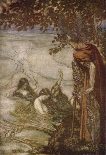 Rhein maidens warn Siegfried. Originally the image stems from Richard Wagner's Siegfried and the Twilight of the Gods, published in the same way in 1911 in London (William Heinemann) and New York